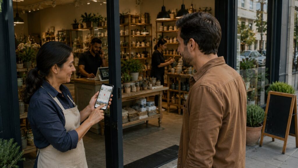 Proprietária de comércio local atualizando o Perfil da Empresa no Google-->