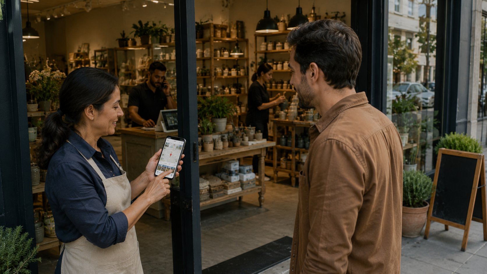 Proprietária de comércio local atualizando o Perfil da Empresa no Google