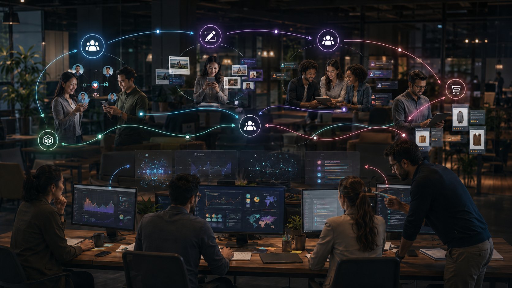 Growth loops conectando produto, conteúdo, indicação, inteligência artificial e canais