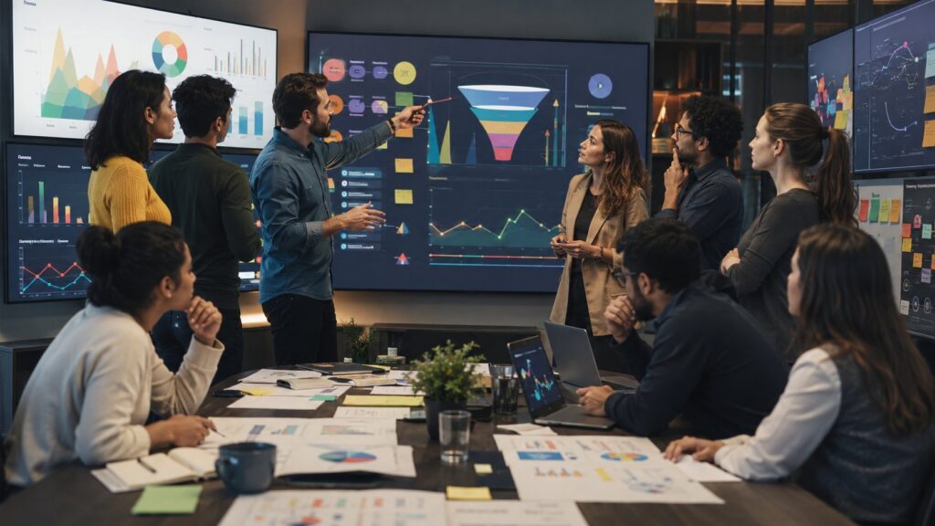Equipe de growth marketing analisando aquisição, ativação, retenção e receita-->