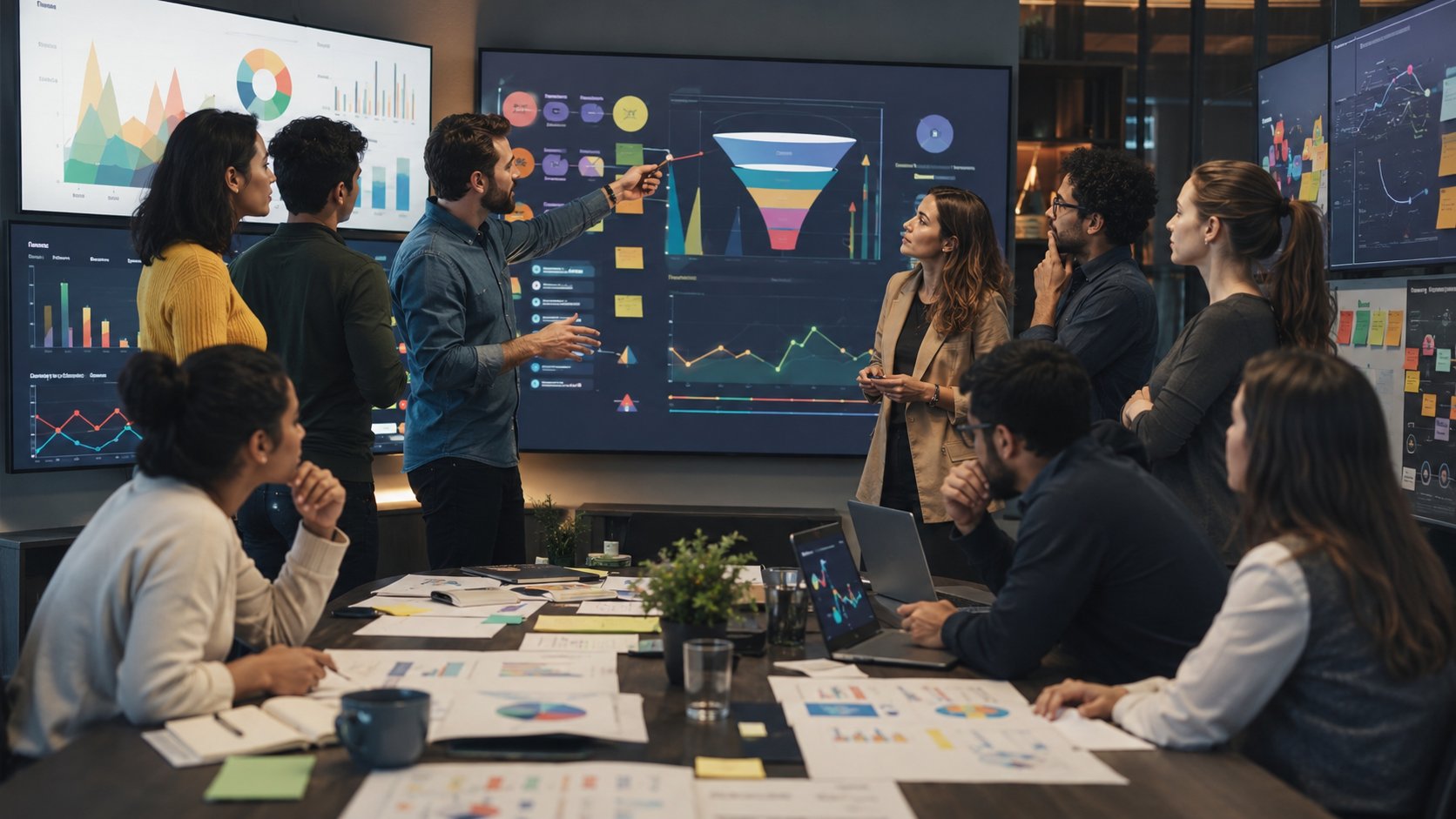 Equipe de growth marketing analisando aquisição, ativação, retenção e receita