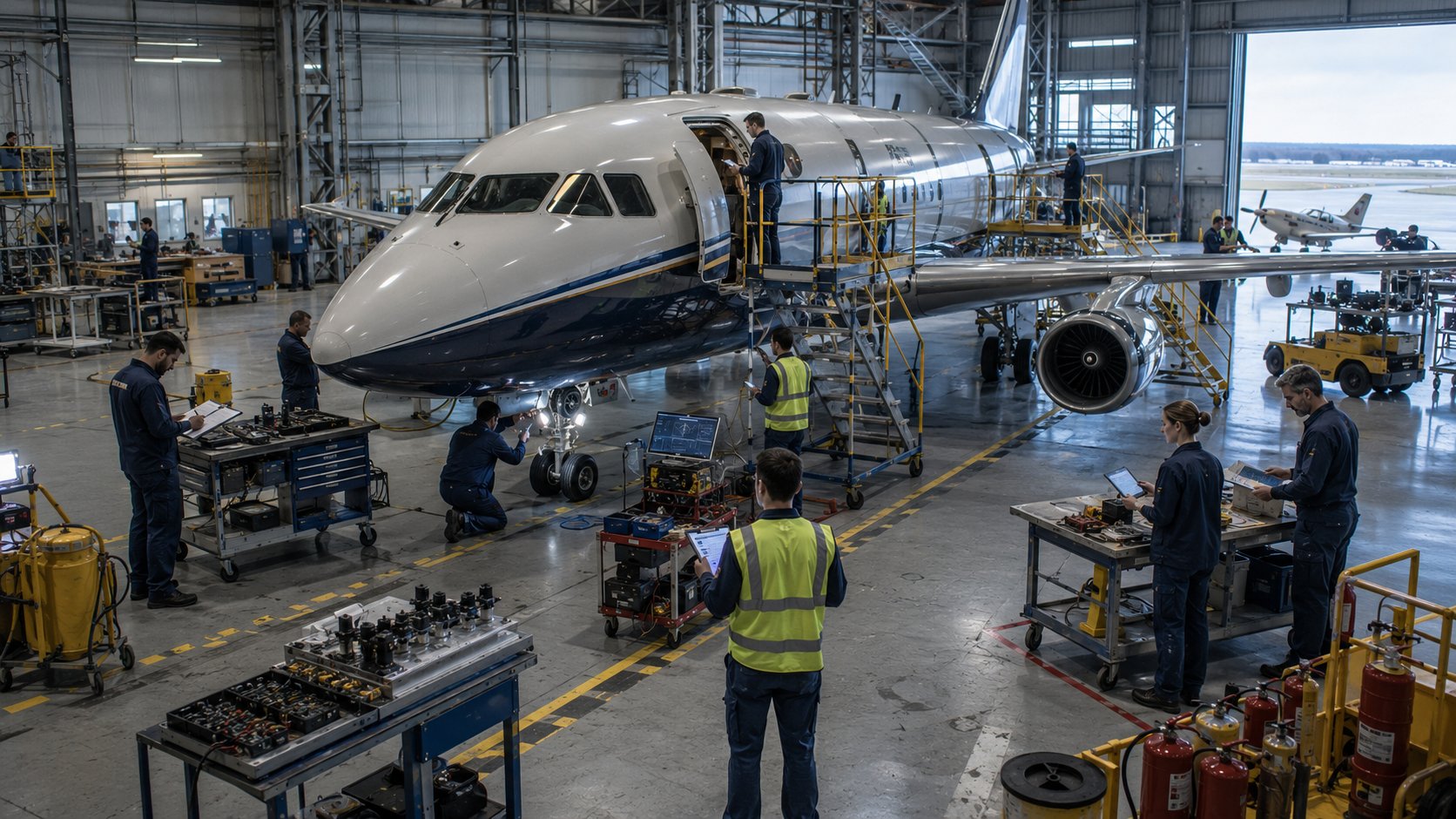 Hangar de inspeção representando governança, aprovação e liberação de publicidade com IA