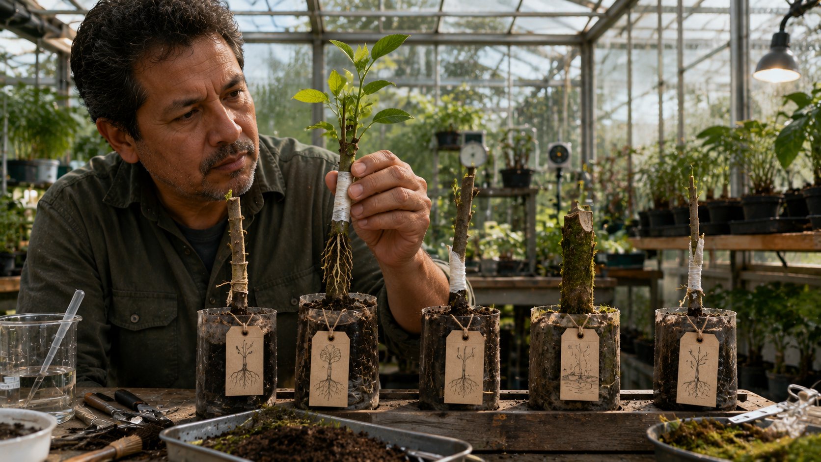 Horticultor avaliando compatibilidade de enxerto em uma estufa