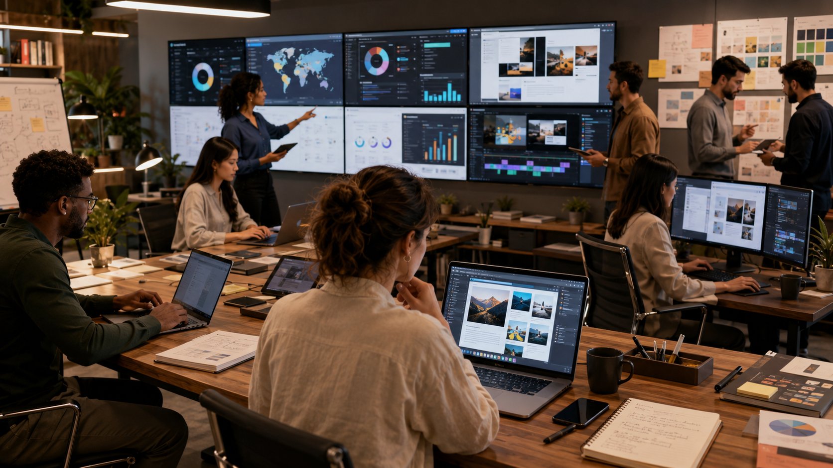 Profissionais utilizando ferramentas de IA para marketing, conteúdo, design e análise de dados