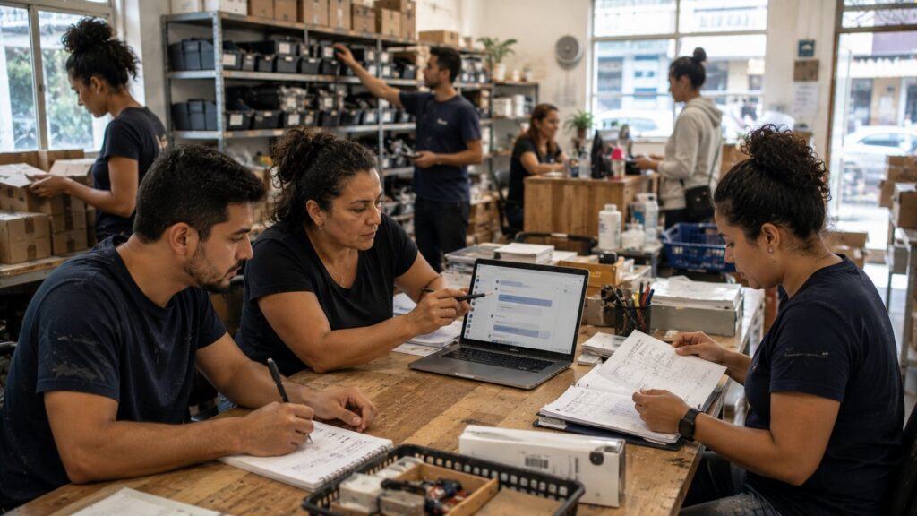 Equipe de pequena empresa usando inteligência artificial em um processo real-->