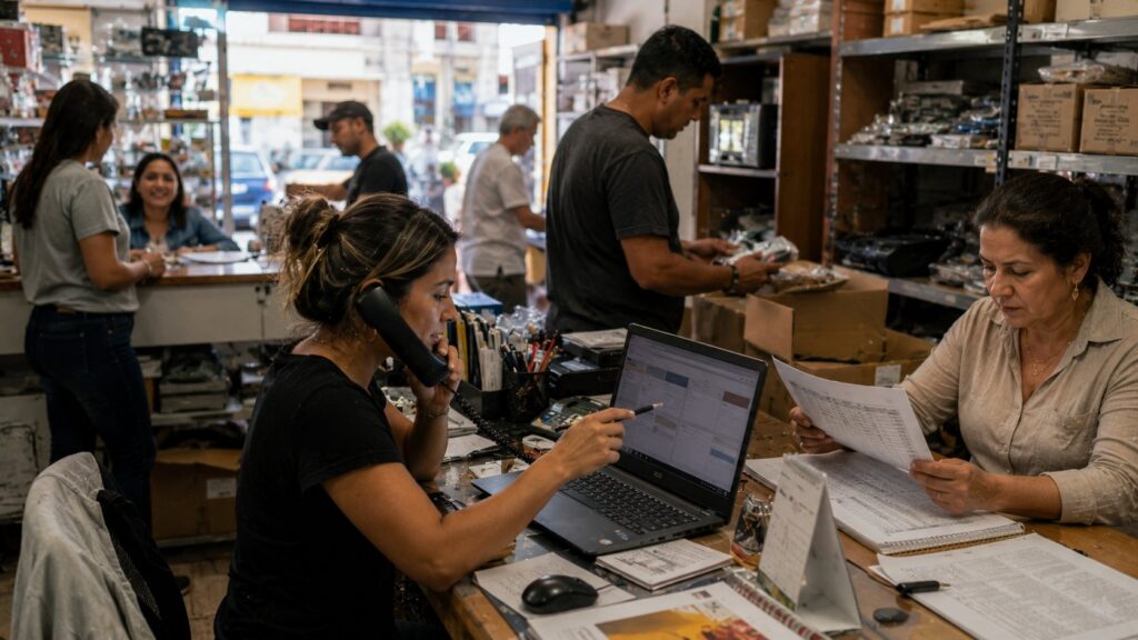 Equipe de pequena empresa utilizando inteligência artificial em um processo comercial-->