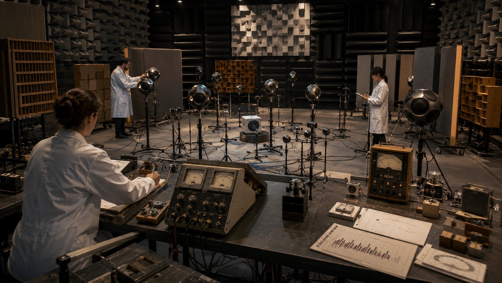 Laboratório acústico representando testes e mensuração de fluxos de automação de marketing