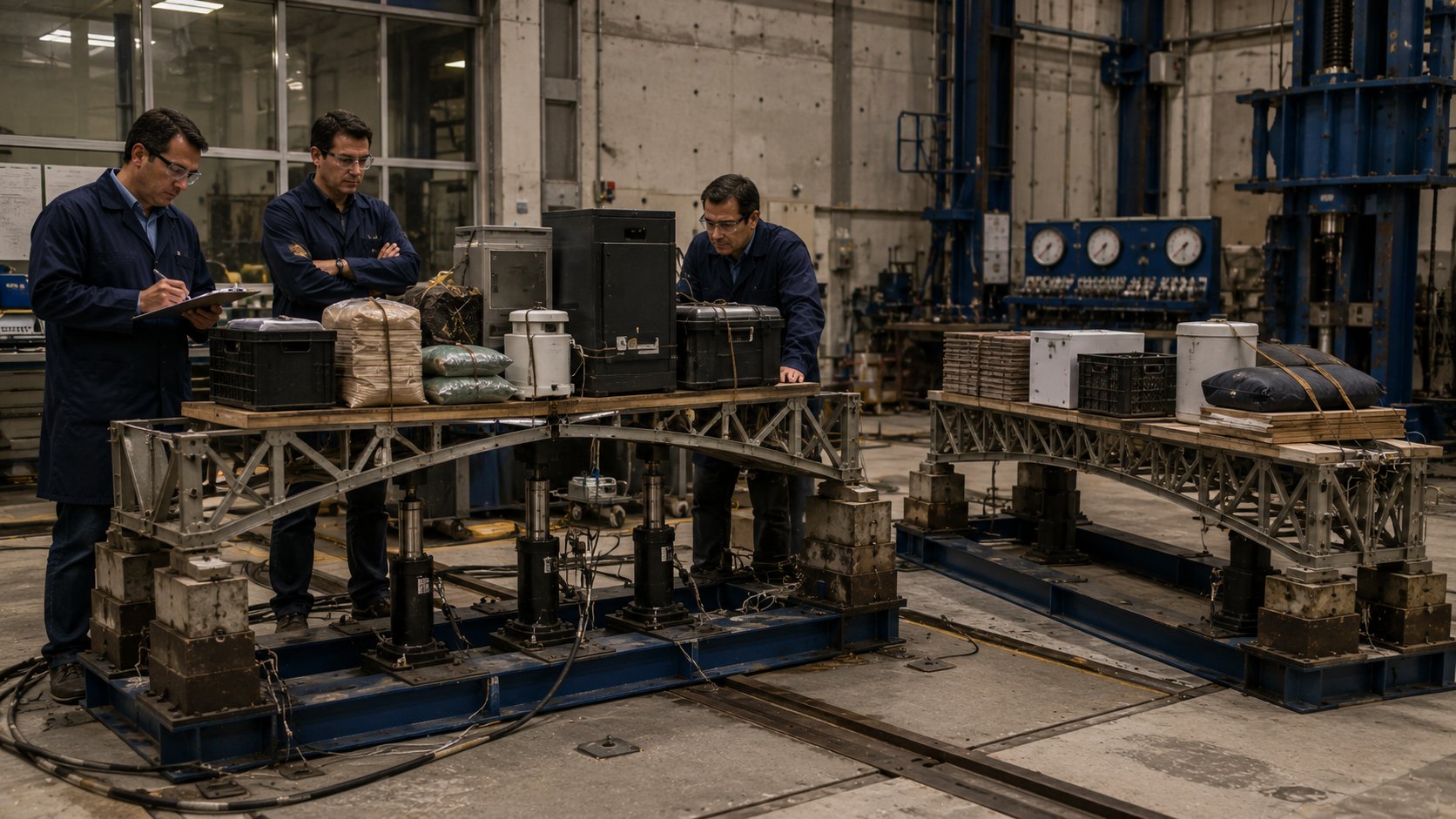 Laboratório de engenharia realizando teste de carga em uma estrutura compacta