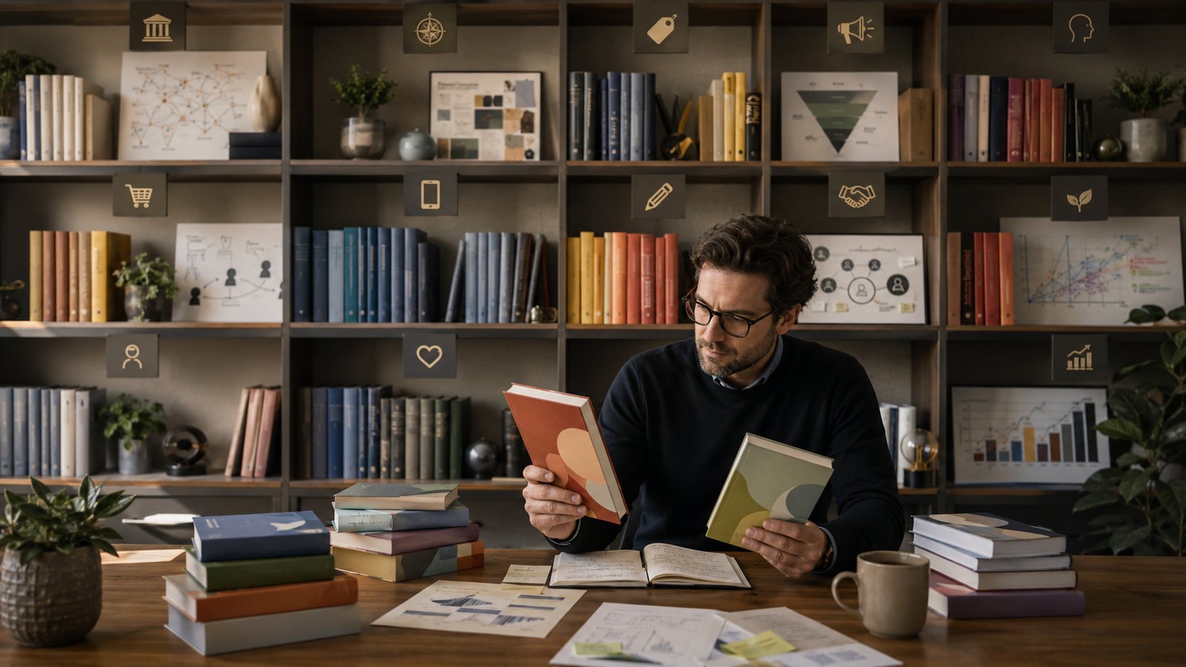 Livros de marketing organizados por estratégia, branding, vendas, conteúdo, growth e comportamento