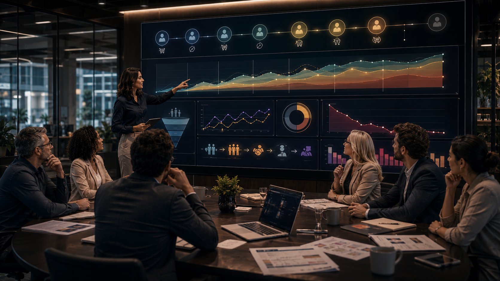 Equipe analisando o LTV, a retenção e o valor financeiro dos clientes