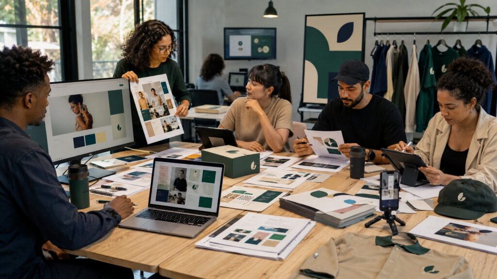 Equipe aplicando o mesmo sistema de marca em site, embalagem, loja e comunicação-->