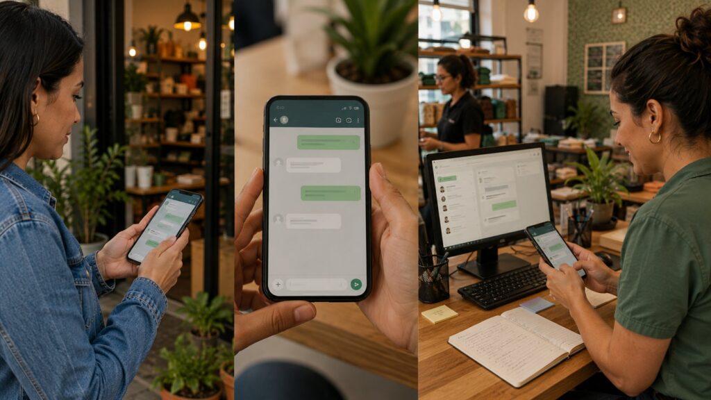 Pequena empresa utilizando mensagem automática no WhatsApp Business antes do atendimento humano-->