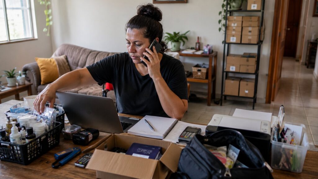 Microfranqueada administrando atendimento, vendas e operação em um negócio home based-->