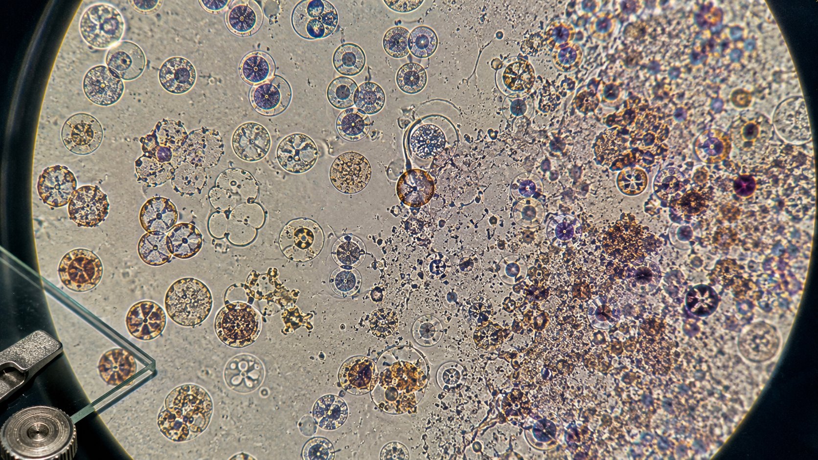Microscopia científica mostrando dados contaminados antes de alimentar um sistema de IA