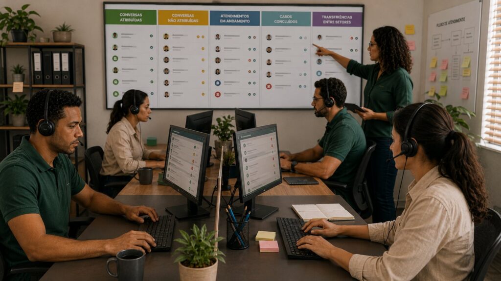 Equipe atendendo clientes no mesmo WhatsApp por uma caixa de entrada centralizada-->