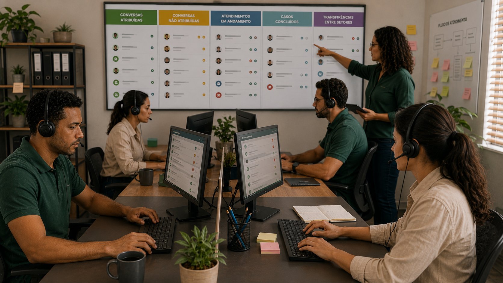 Equipe atendendo clientes no mesmo WhatsApp por uma caixa de entrada centralizada