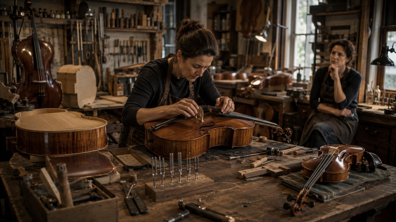 Oficina de instrumentos musicais representando ajuste de tom, clareza e empatia no atendimento com IA