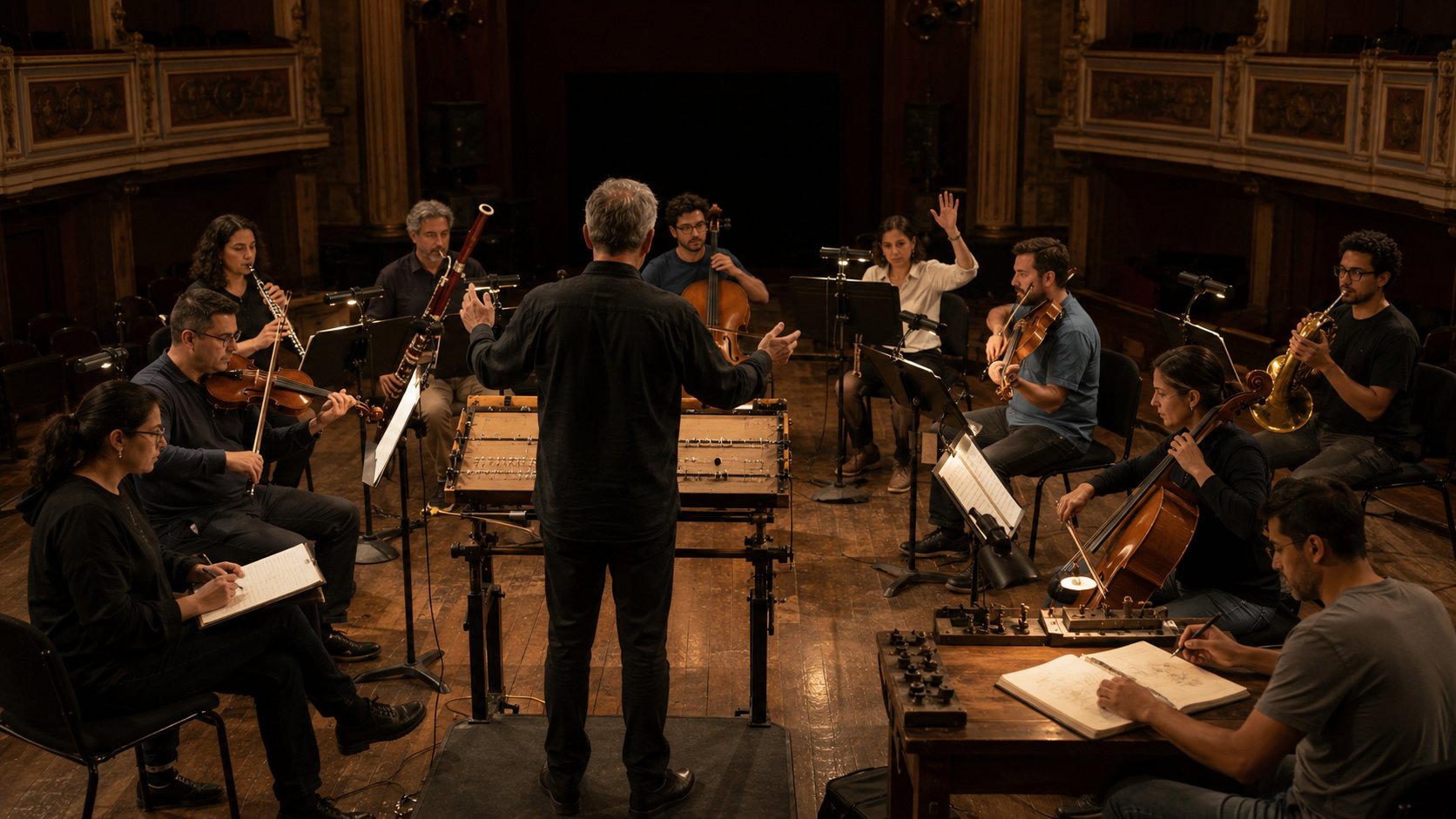 Orquestra ensaiando com funções e controles definidos para o uso de inteligência artificial