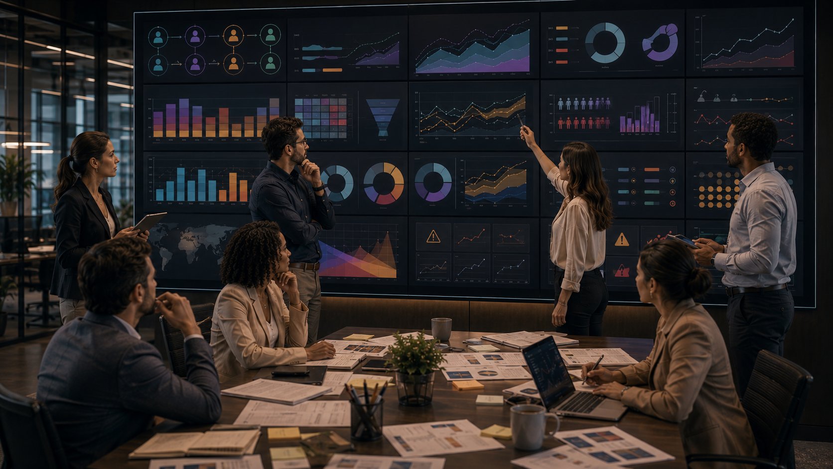 Painel de controle do plano de marketing com metas, orçamento, ações e resultados