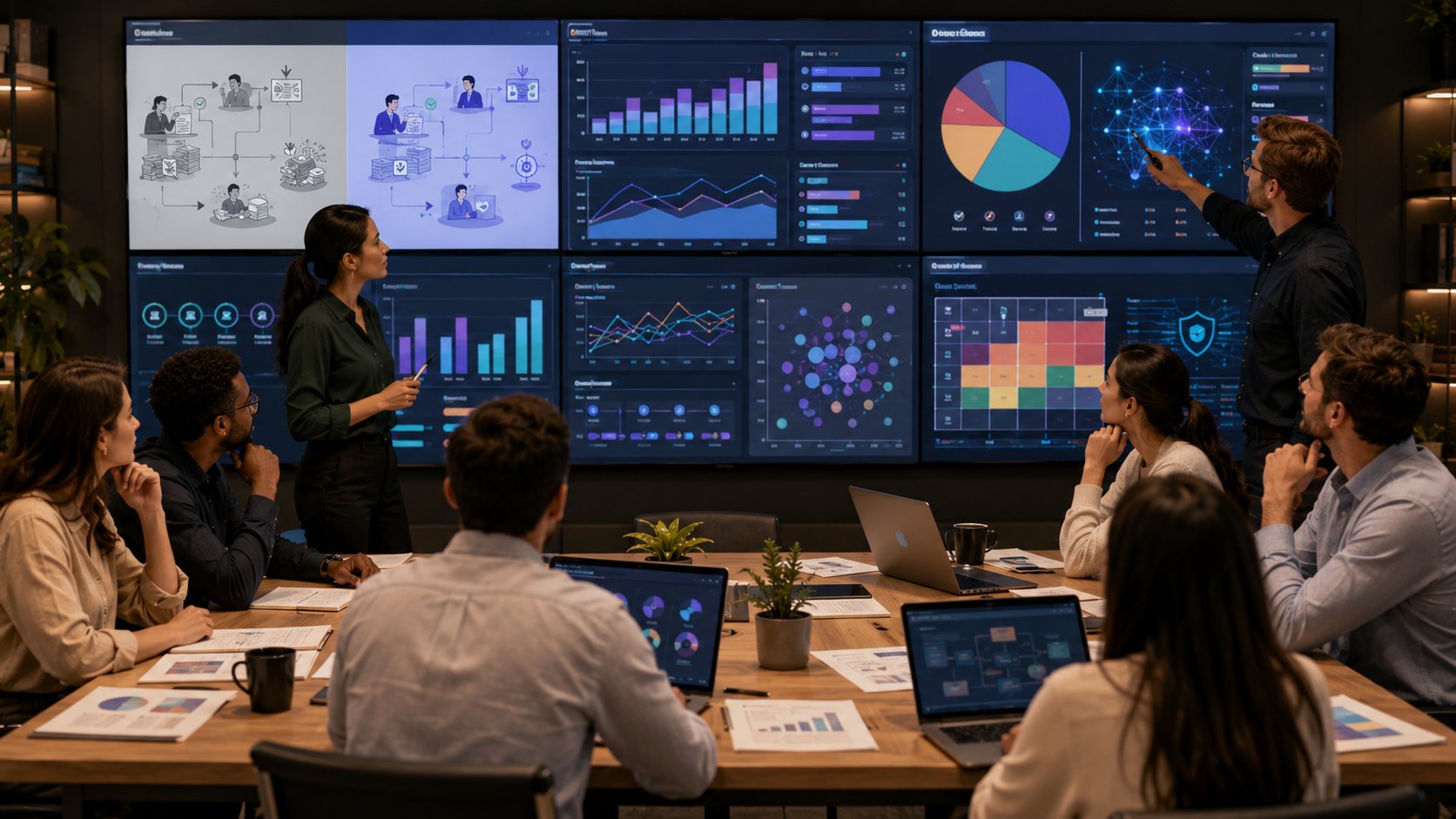 Painel de métricas avaliando produtividade, qualidade e ROI da IA no marketing