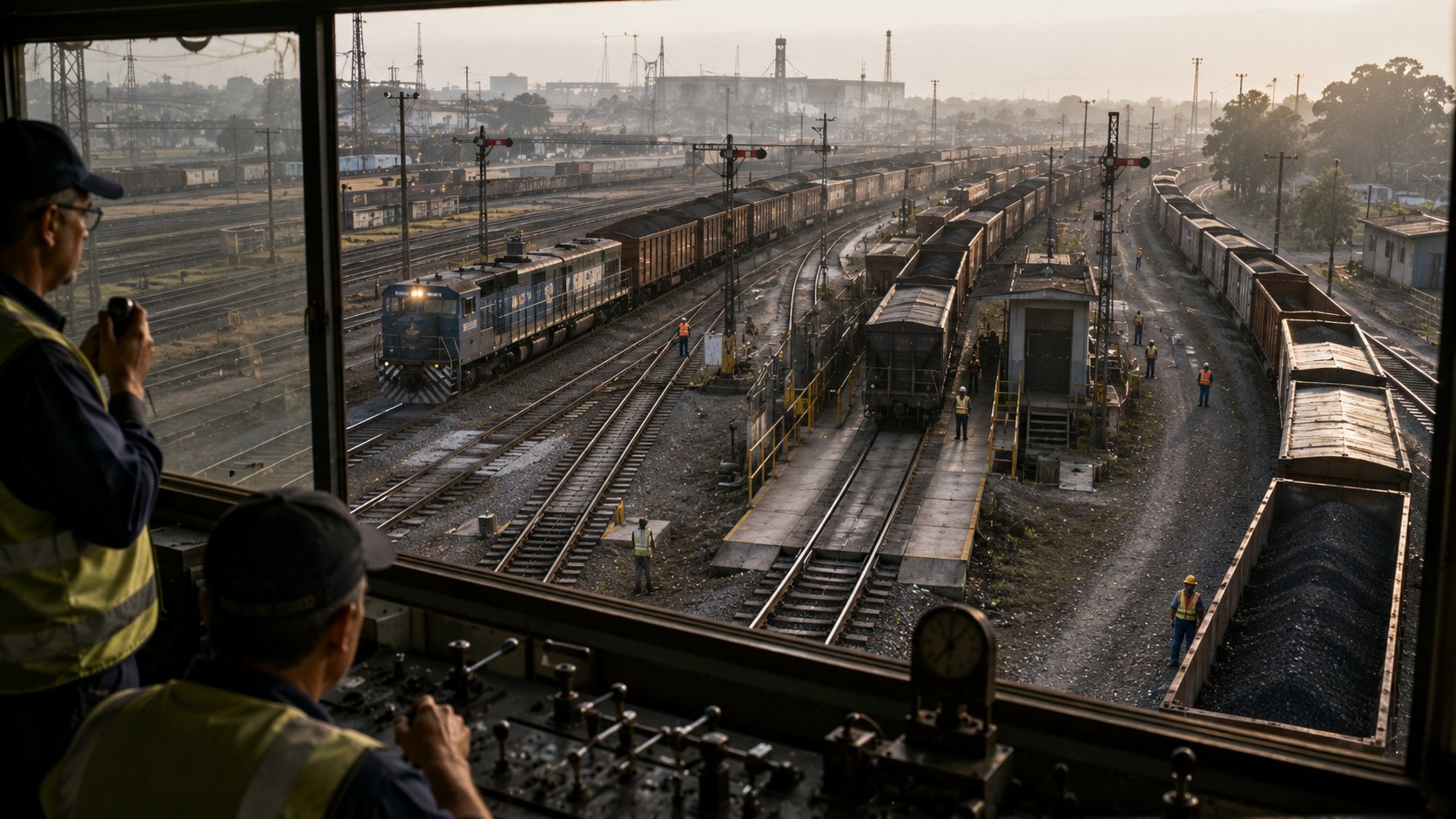 Pátio ferroviário representando filas, capacidade e gargalos em um processo com IA