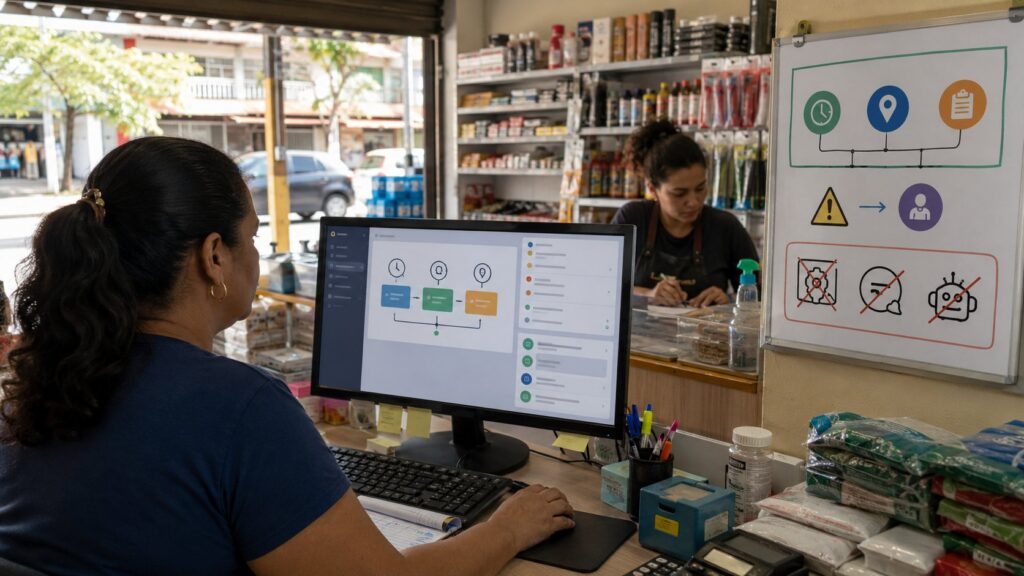 Pequena empresa testando um bot para WhatsApp grátis com supervisão humana NOTA EDITORIAL ANTICANIBALIZAÇÃO: INTENÇÃO EXCLUSIVA DESTA PÁGINA: Explicar o que significa bot para WhatsApp grátis, quais soluções podem ser usadas sem mensalidade, quais custos permanecem e como testar uma alternativa sem comprometer o número da empresa. NÃO USAR COMO PALAVRA-CHAVE FOCO: chatbot para WhatsApp como criar chatbot para WhatsApp automação WhatsApp ferramentas para WhatsApp IA para WhatsApp multiatendimento WhatsApp BotConversa é bom BotConversa preços DIFERENCIAÇÃO: A página sobre criação de chatbot ensina planejamento e construção de fluxos. A página sobre ferramentas compara categorias e fornecedores. Esta página analisa exclusivamente gratuidade, testes, custos ocultos, conexões, riscos e critérios para decidir entre uma solução gratuita e uma plataforma paga.