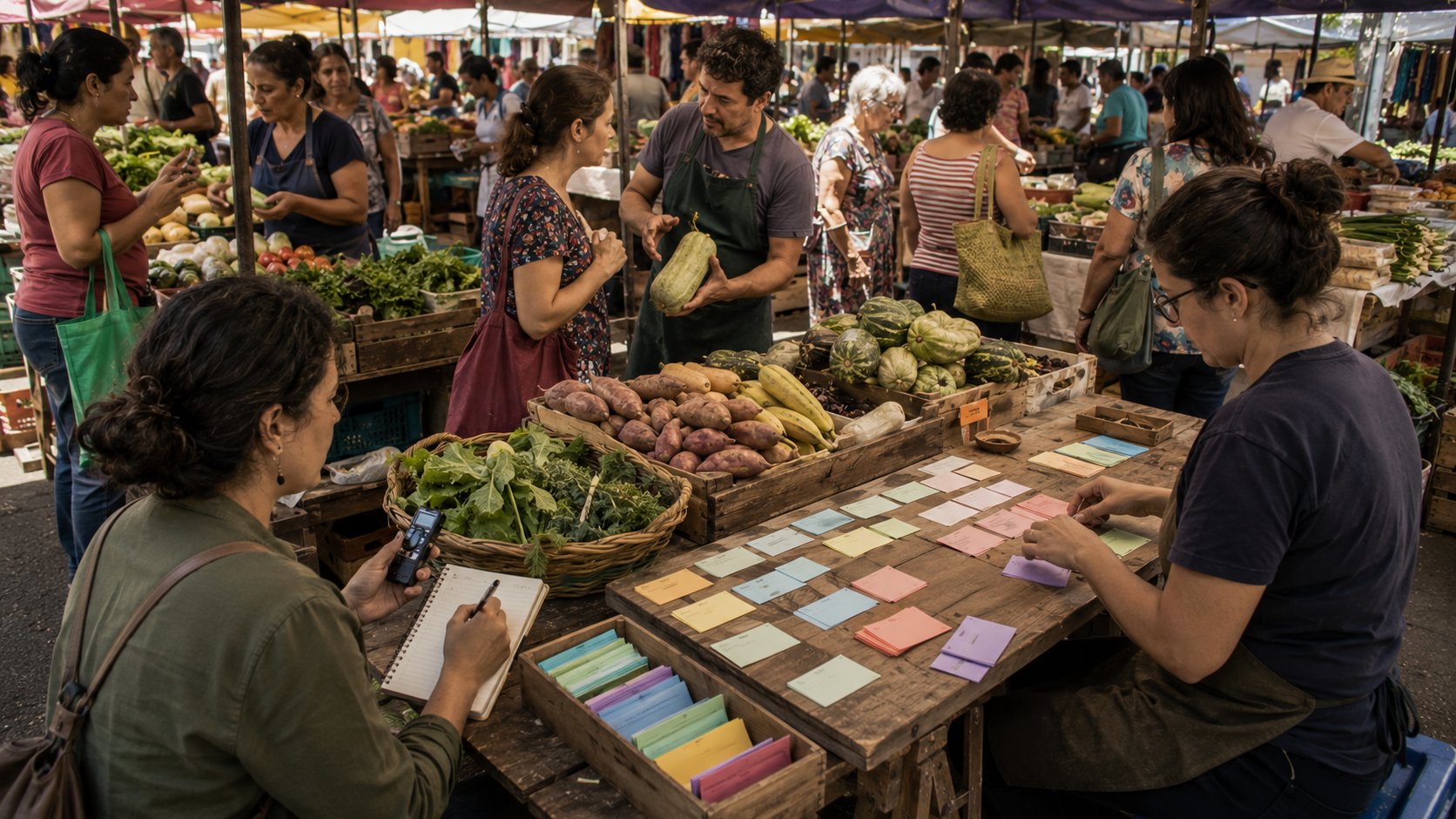 Pesquisa em feira livre representando observação de público e contexto para conteúdo no Instagram