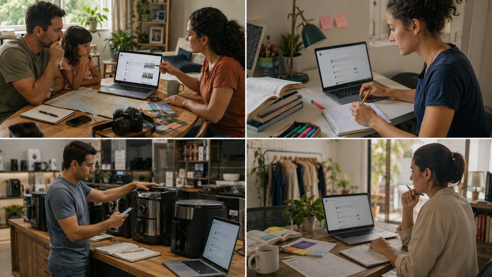 Pessoas utilizando o Modo IA para viagem, estudo, compras e trabalho