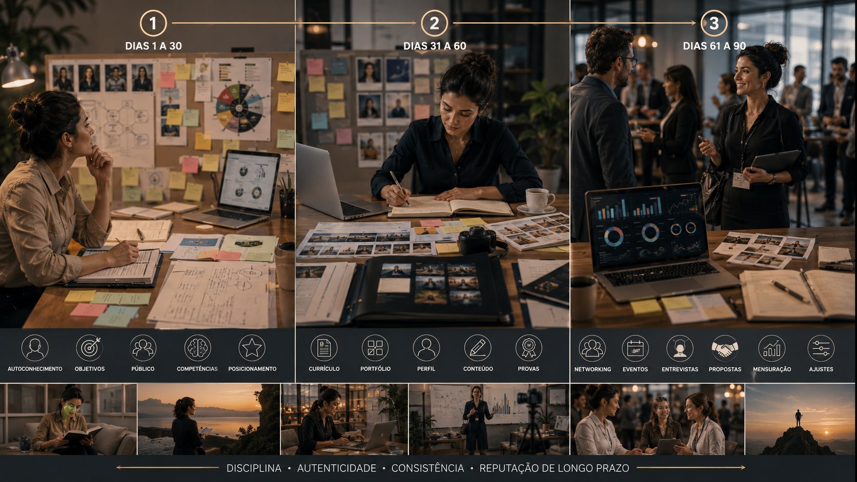 Plano de marketing pessoal de 90 dias com diagnóstico, posicionamento, conteúdo e relacionamento