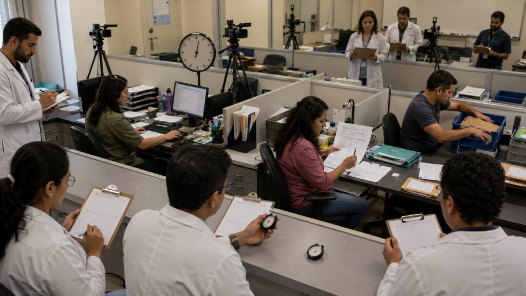 Equipe analisando produtividade, qualidade e carga de trabalho em um processo assistido por IA-->