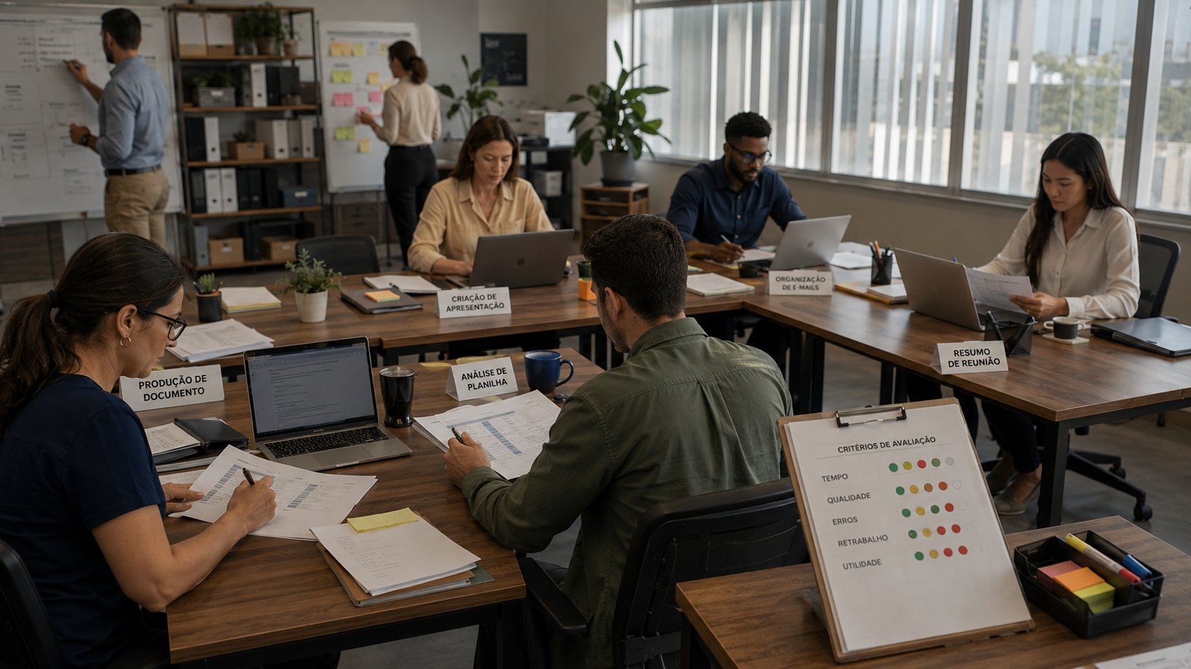 Profissionais avaliando tarefas realizadas com Copilot no Word, Excel, PowerPoint, Outlook e Teams