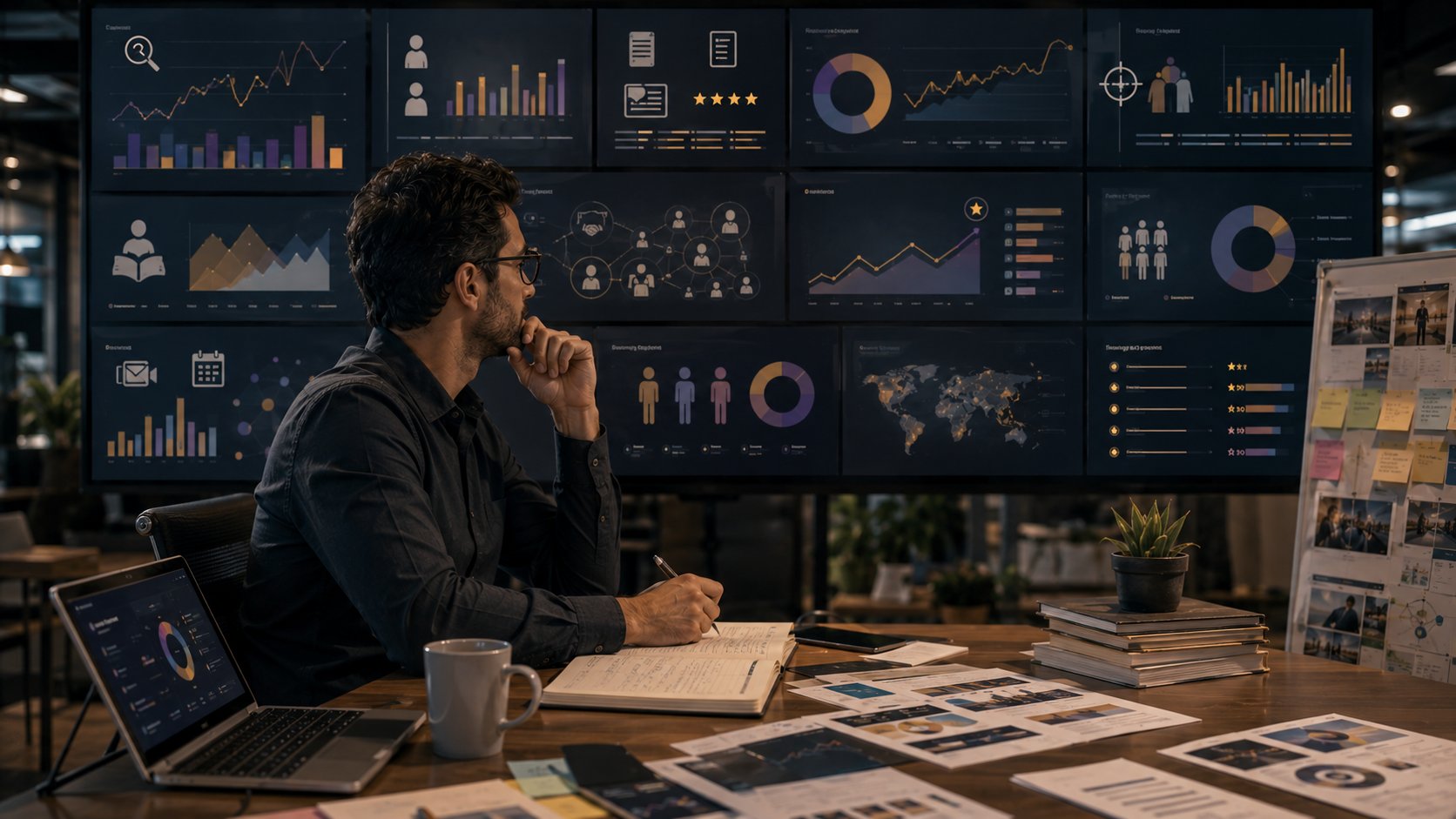 Profissional analisando métricas de reputação, oportunidades, indicações e resultados de marketing pessoal