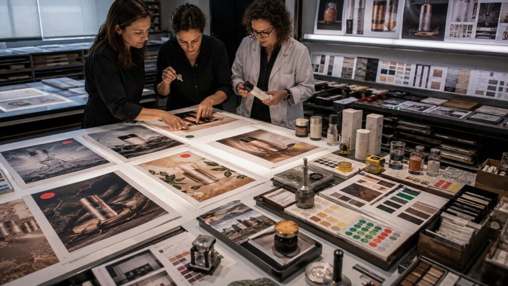 Sala de prova gráfica representando revisão de promessas e evidências em publicidade com IA-->