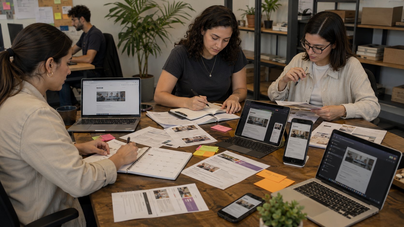 Redatora preparando e revisando uma campanha de e-mail marketing em diferentes dispositivos