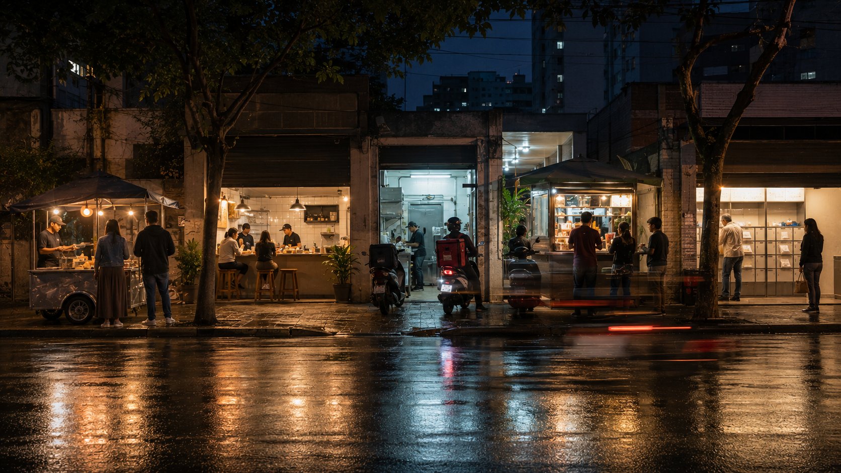 Rua noturna mostrando quiosque, loja compacta, delivery, carrinho e retirada de alimentos