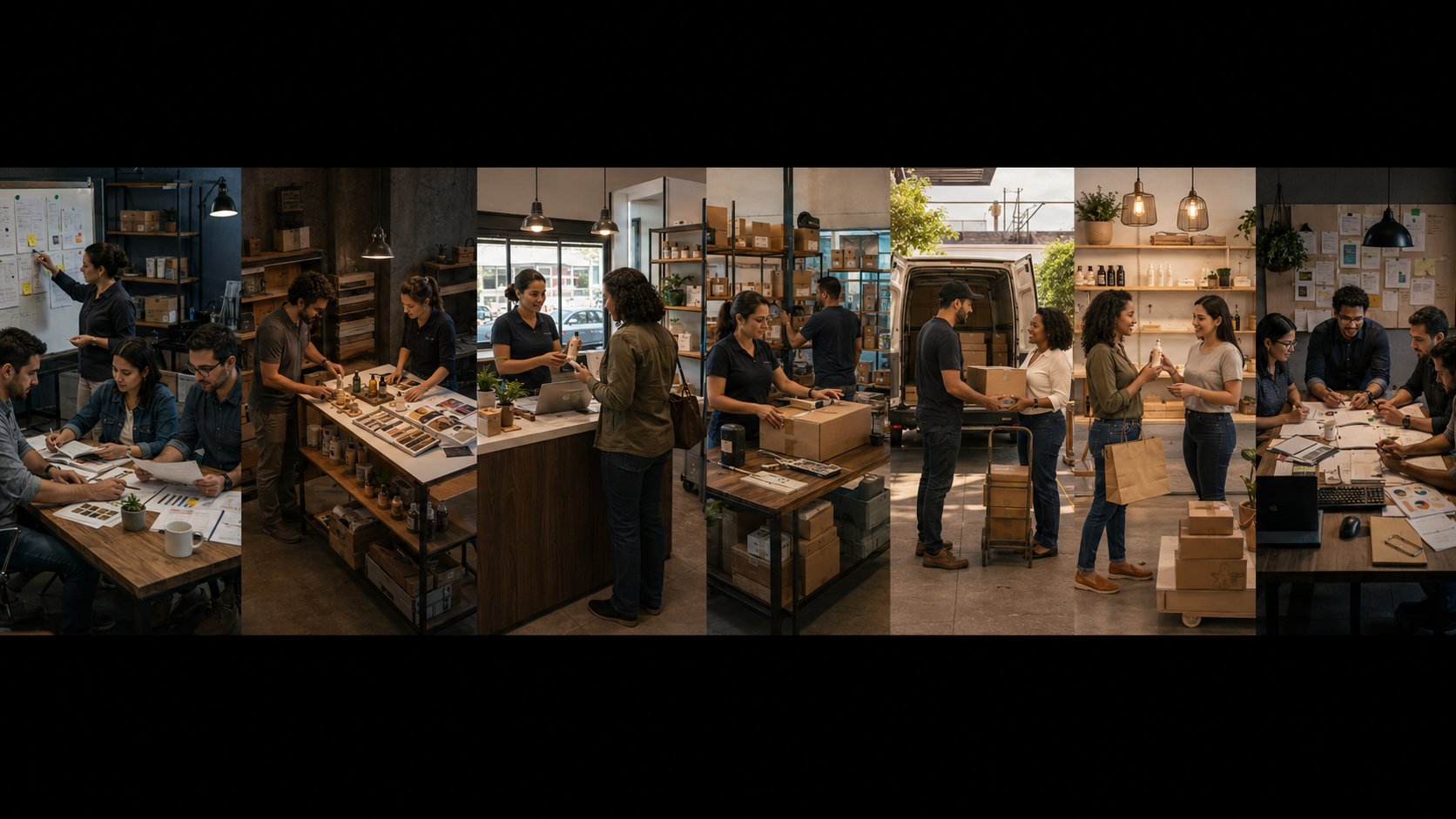 Sequência cinematográfica mostrando criação, profissionalização, saída e início de um novo negócio