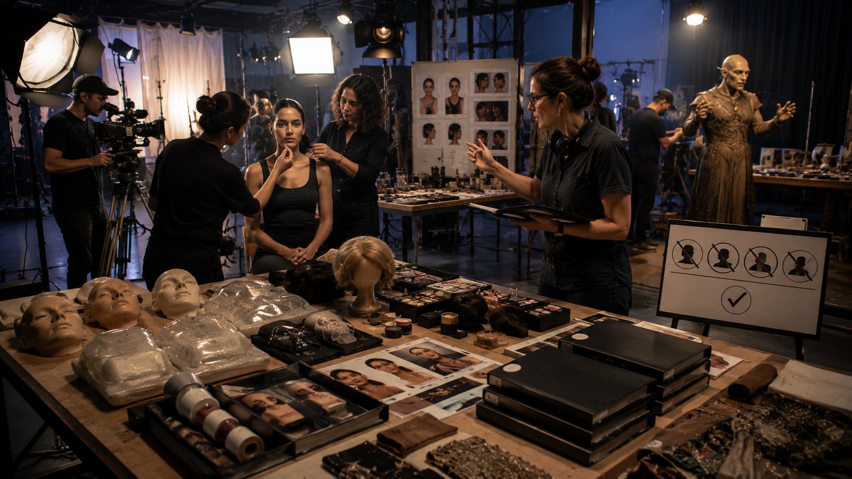 Set de cinema representando pessoas sintéticas, clonagem de voz, consentimento e publicidade com IA