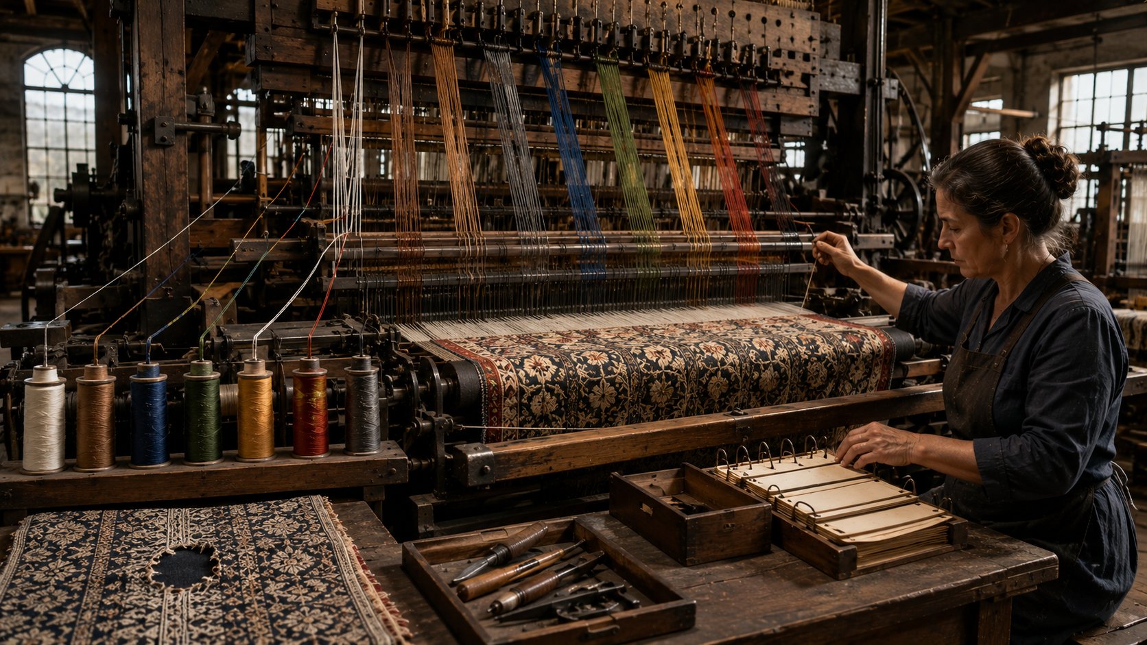 Tear Jacquard representando dados, regras, revisão e métricas na governança de IA
