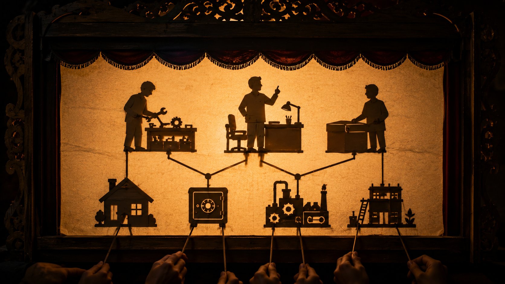Teatro de sombras mostrando sócios decidindo entre remuneração, reserva e reinvestimento