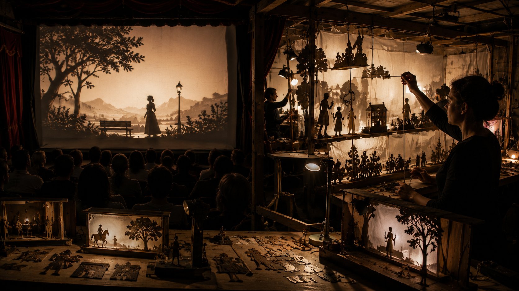 Teatro de sombras representando conteúdo sintético, interpretação e transparência no Instagram