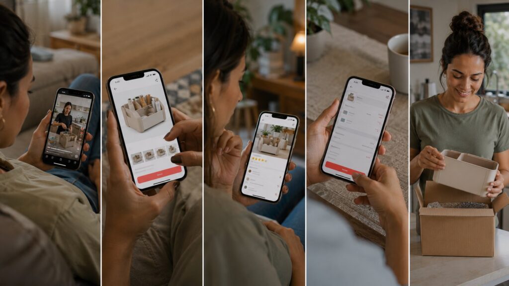 Consumidora descobrindo um produto em vídeo e concluindo a compra pelo TikTok Shop-->