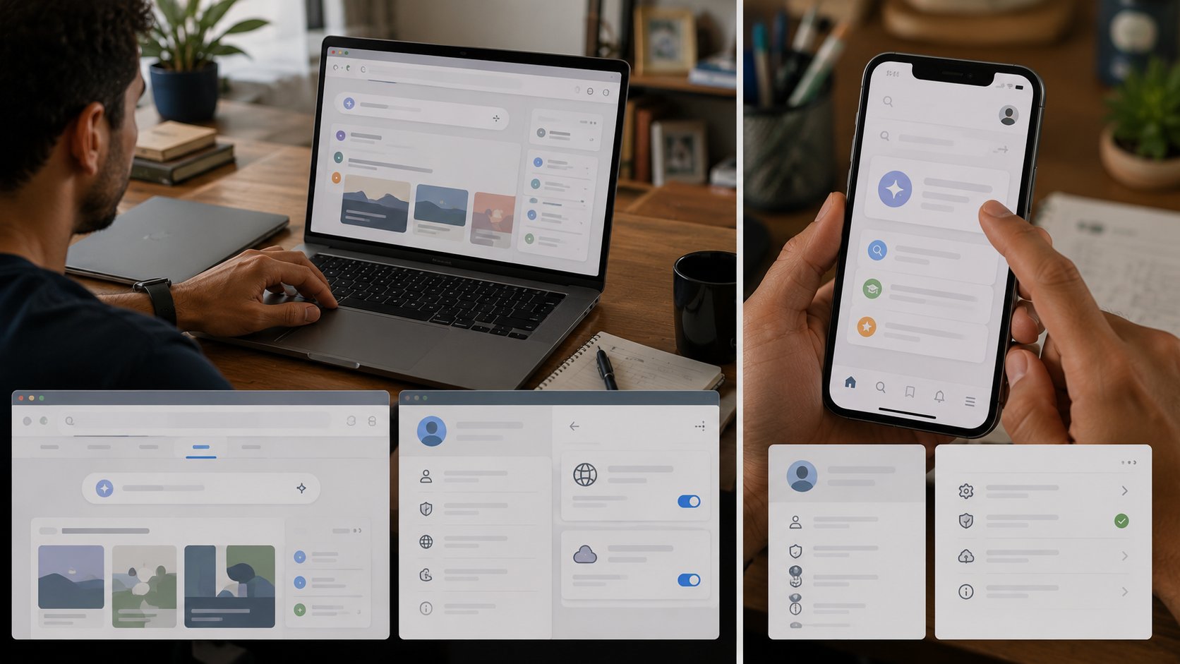 Usuário acessando o Modo IA pelo computador e pelo aplicativo do Google