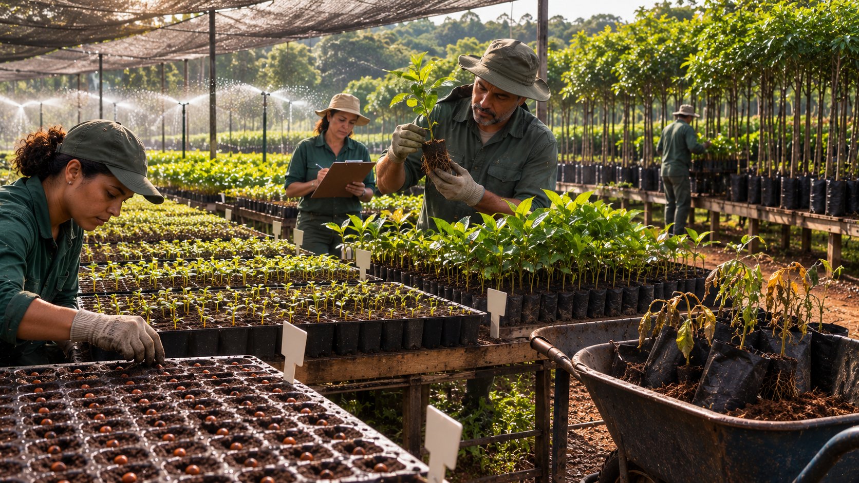 Viveiro florestal representando aquisição, desenvolvimento e retenção de clientes