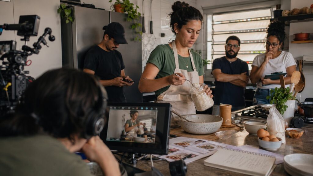 Criadora e equipe de marca produzindo branded content com identificação publicitária