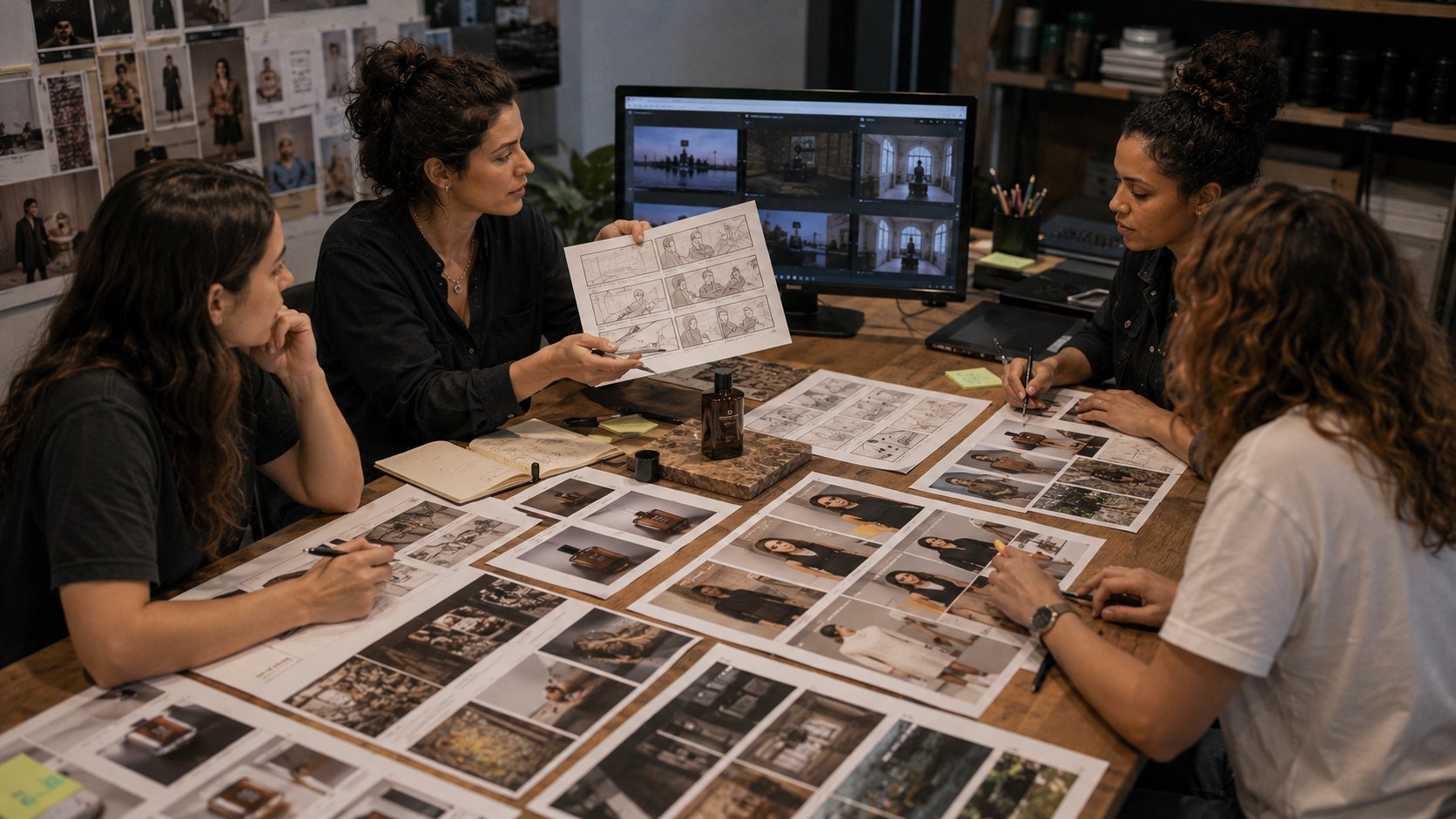 Diretora utilizando storyboard, produto e imagens de referência para criar uma cena no Veo 3.1