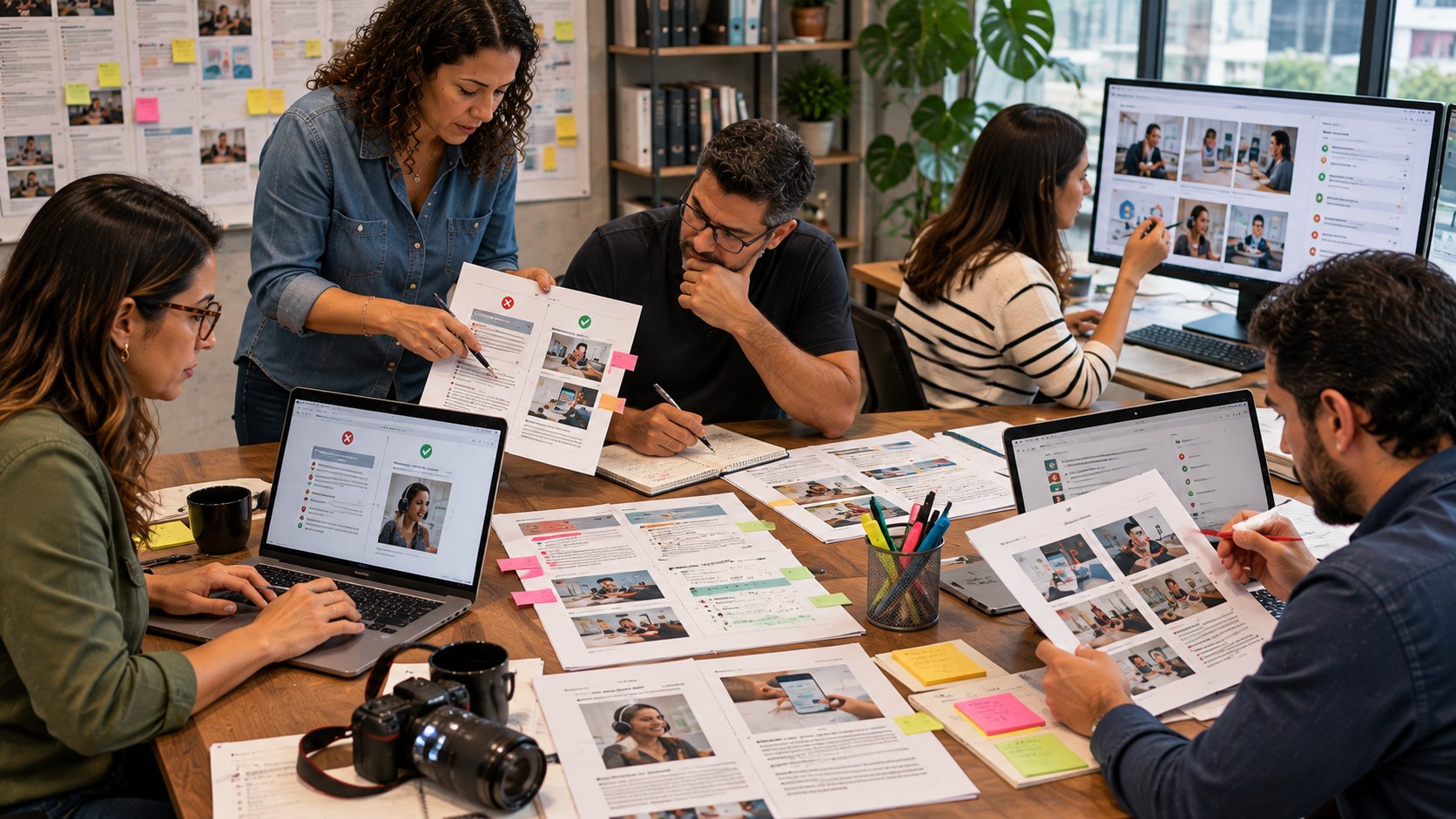 Editora atualizando conteúdo evergreen com novas fontes, exemplos, links e data de modificação