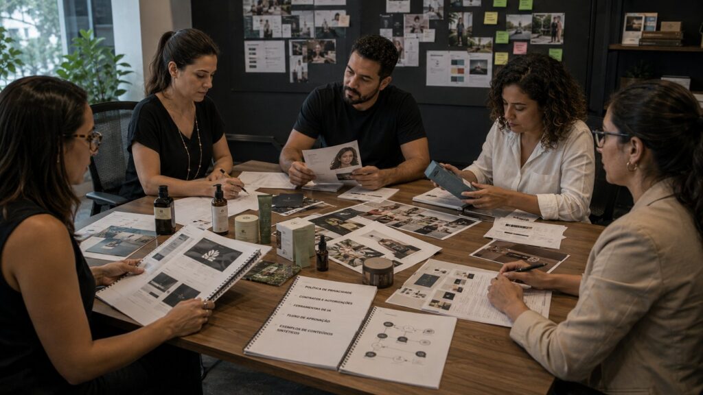 Equipe ampliando manual de marca com regras para prompts, imagens, avatares e voz sintética