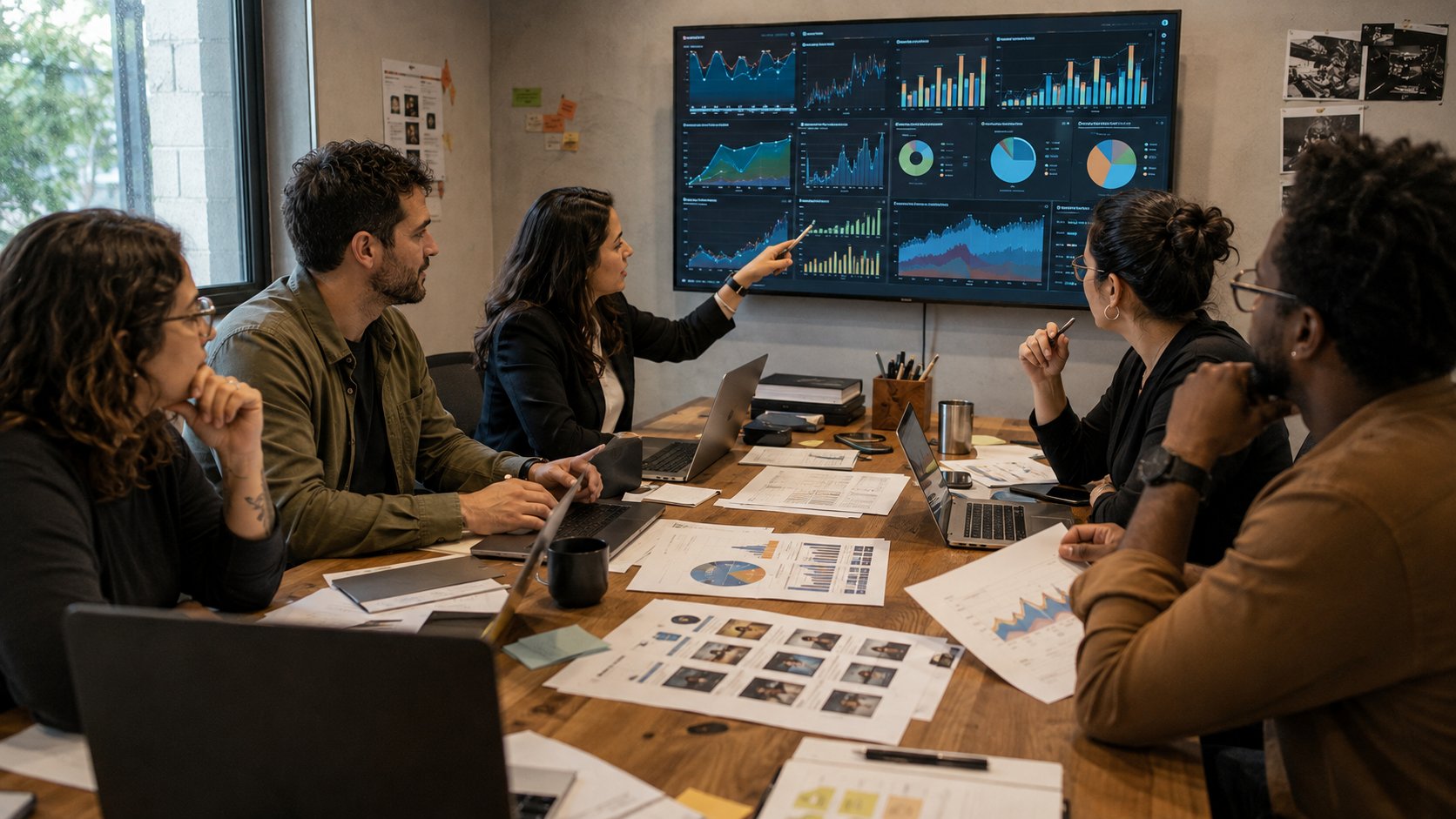 Equipe analisando alcance, retenção, busca, leads e vendas de uma campanha de branded content