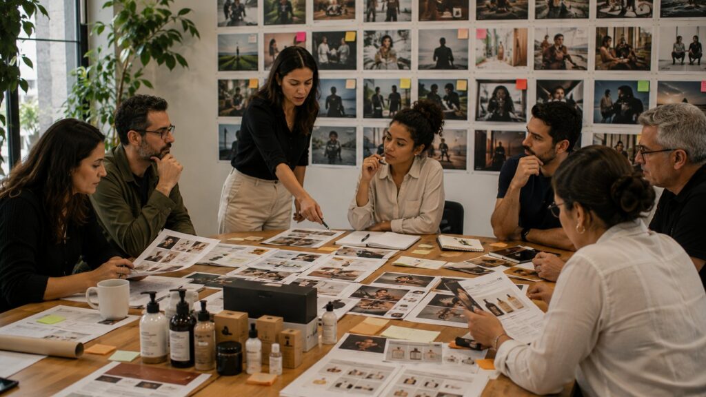 Equipe analisando clientes, produtos e campanhas para definir arquétipos de marca