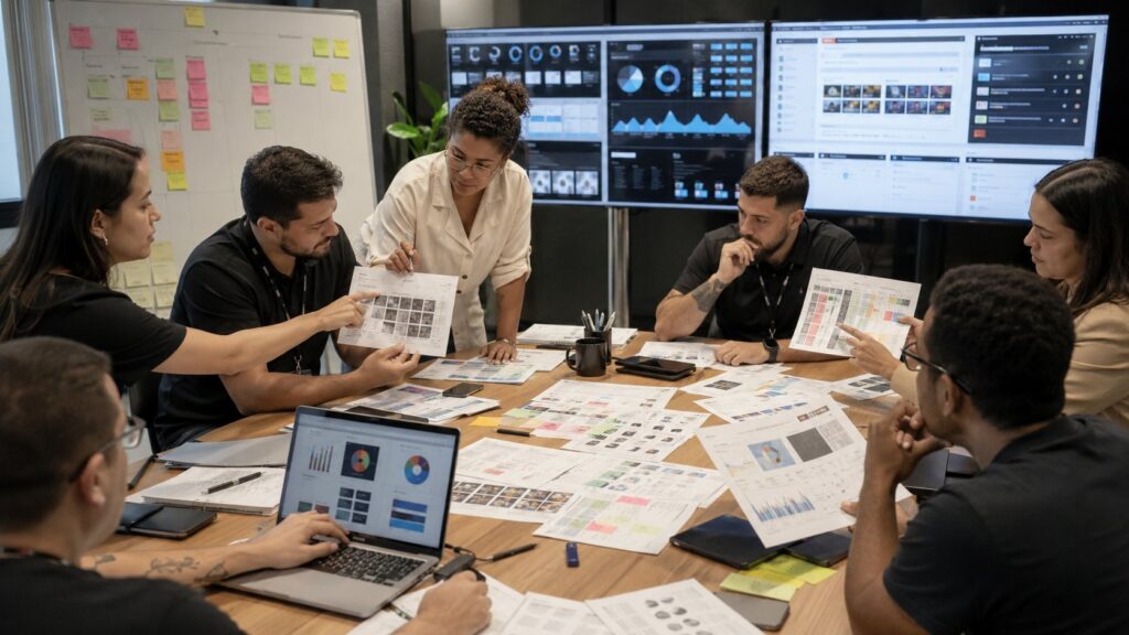 Equipe auditando canais, conteúdos, atendimento e resultados das mídias sociais de uma empresa